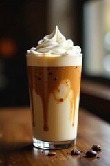 elegant glass cup filled with cold iced coffee and topped with a fluffy cloud of whipped cream, coffee, fill