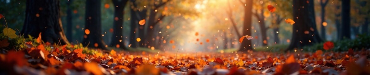 Fairy lights dance in the air amidst falling leaves, airy texture, autumn