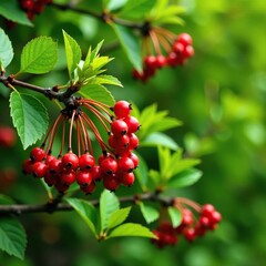 Obraz premium Red berries on Cotoneaster stems and leaves against a lush green background, summer, autumn, leaves