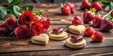 Romantic Valentine's Day scene with heart-shaped cookies and red roses