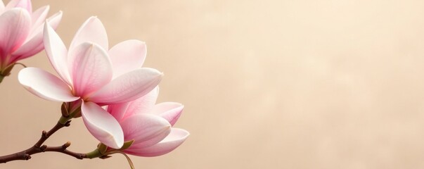 Naklejka premium Delicate magnolia flowers on a soft beige background, soft, floral, petals