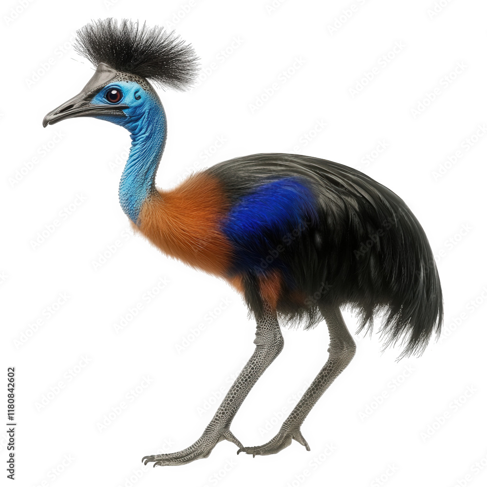 Poster stylized representation of a cassowary. showcasing vibrant colors and a unique feathered texture the