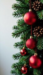 Red ornaments and pinecones on a dark green garland, Christmas ornaments, holiday decor