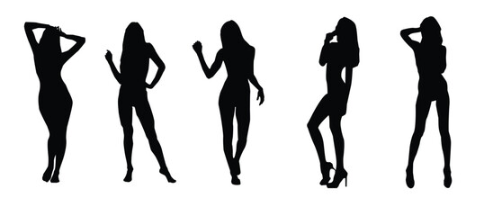 Silhouettes of stylish girls models fashion show vector art on white background,beauty,logo.
