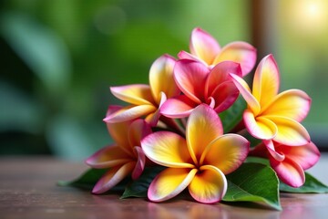 Fototapeta premium A bouquet of mixed-colored frangipani flowers on a table, flowers, bouquet, colorful