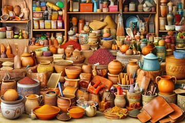 Fototapeta premium A vibrant display of various spices, pots, and traditional containers in a market setting.
