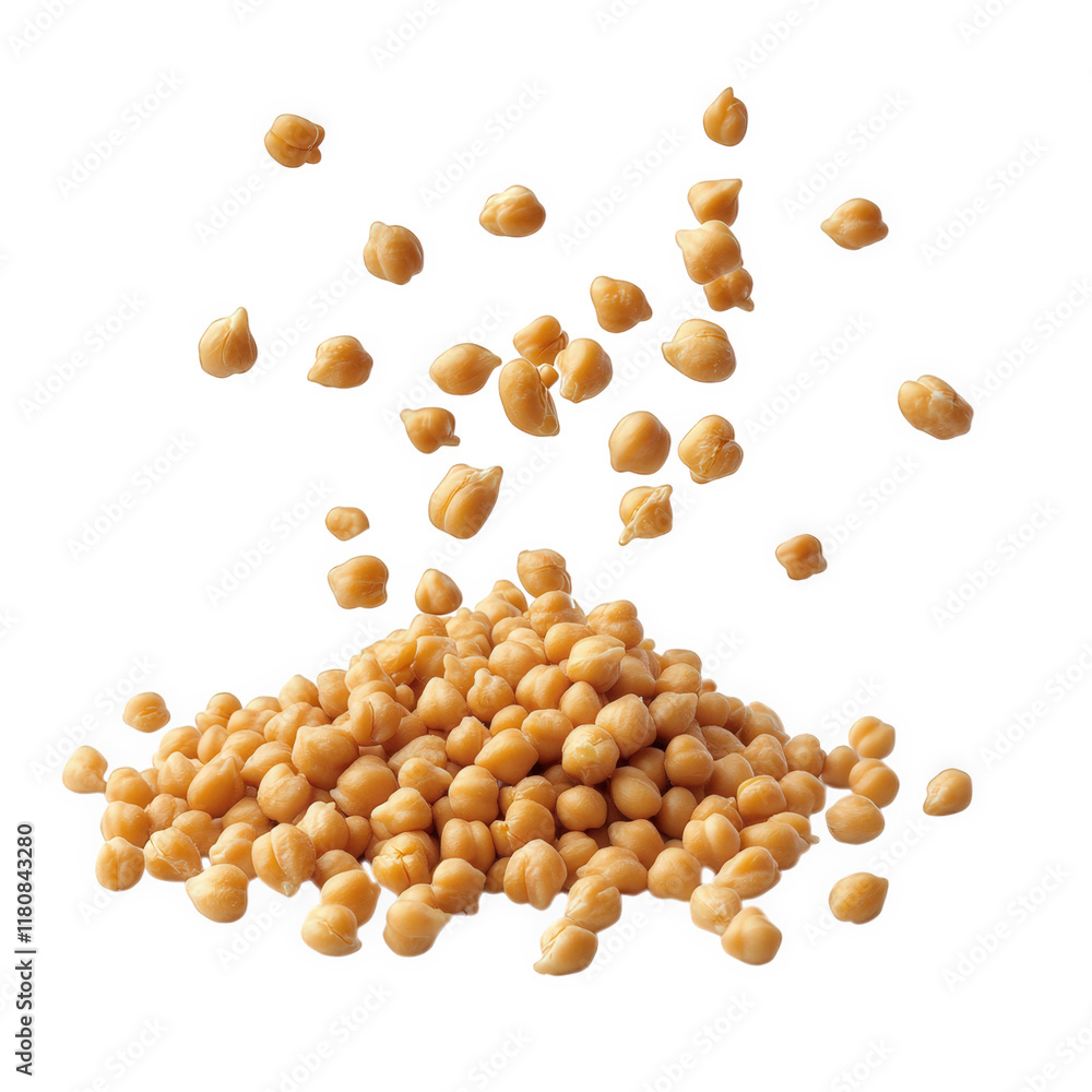 Poster mound of raw chickpeas with several chickpeas suspended above. creating a dynamic and visually appea
