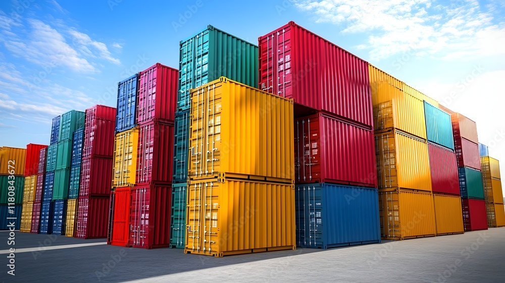 Poster multicolored shipping containers stacked in organized rows at cargo port terminal