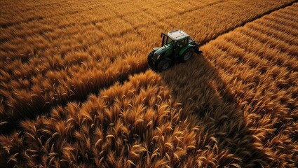 Tractor working in a golden wheat field during sunset hours in rural farmland