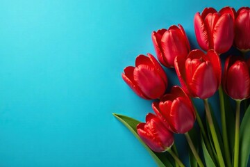 Fototapeta premium Red tulip petals unfolding on a blue background, red tulips, botanical, blue color