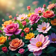 Obraz premium A sea of colorful flowers on a rose-colored base, colorful bloom, floral arrangement, nature