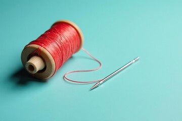 A single needle lying next to a wooden spool of thread, simplicity, rest, object