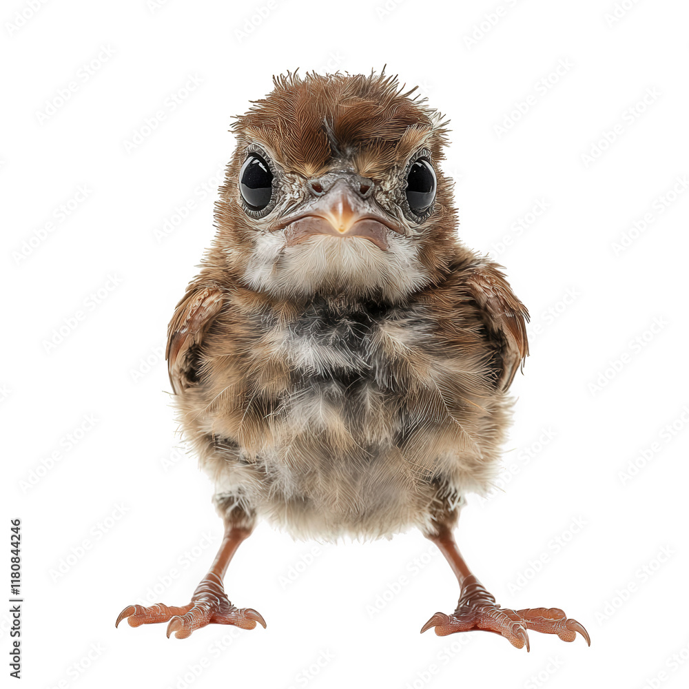 Poster fluffy young bird standing upright against a white background. showcasing its large eyes and distinc
