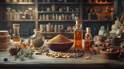 Aromatic Assorted Spices on Aged Wood Cozy Vintage Setup with Earthy Tones, Featuring Nutmeg, Cinnamon, Cloves, Peppercorns, and More Discover the warm, inviting ambiance of this rustic spice