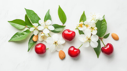 Flat Lay of Fresh Ripe Cherries, Almonds, and Jasmine Flowers on a Light Marble Surface for Beautiful Culinary and Botanical Presentations
