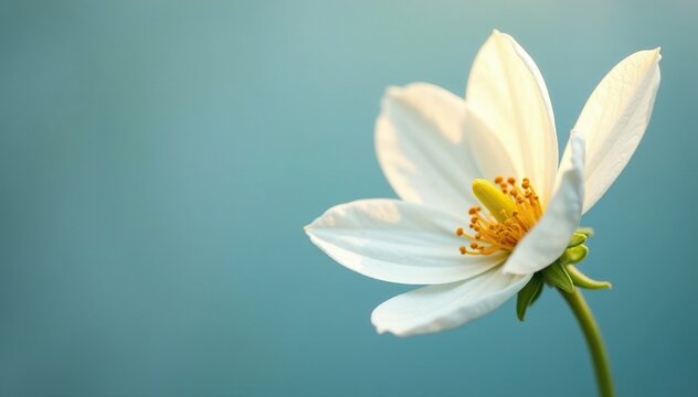 Single white flower with a slight sheen on its surface, luminous, delicate