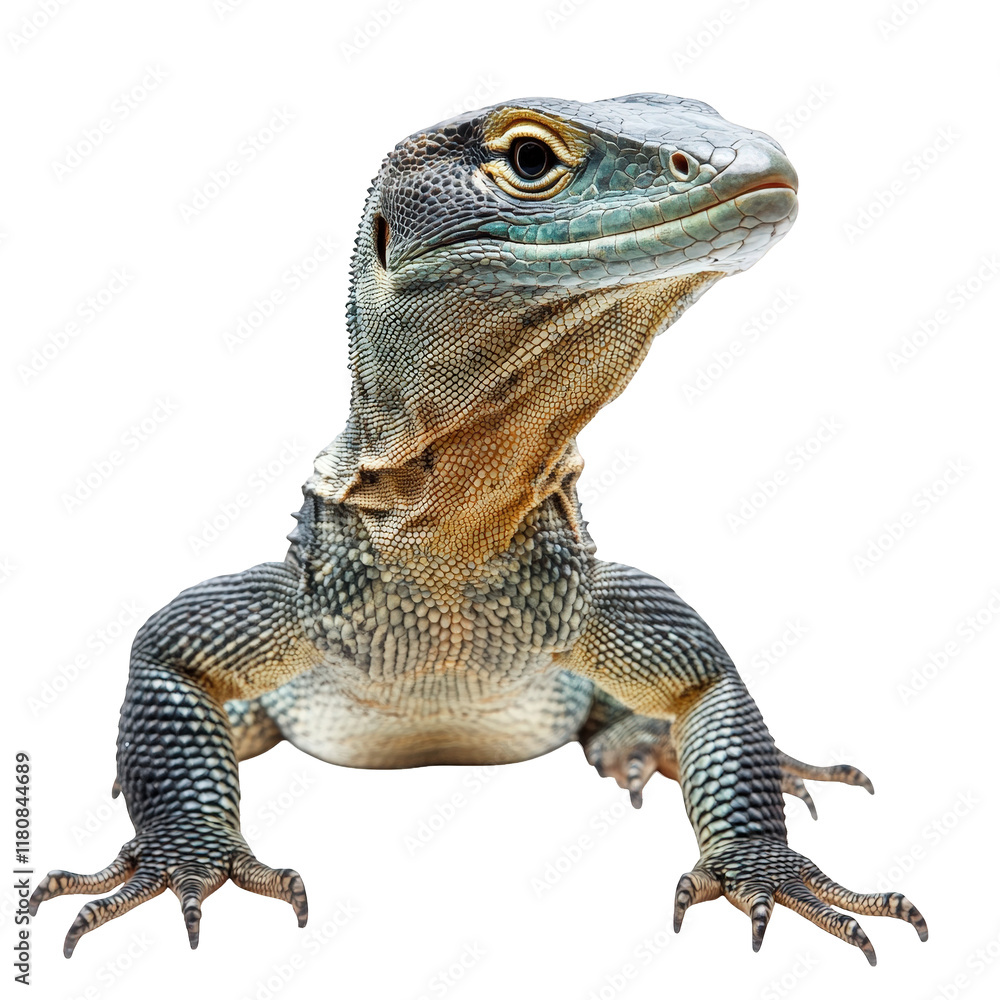 Poster close-up of a lizard. showcasing its detailed scales and vibrant colors against a plain white backgr