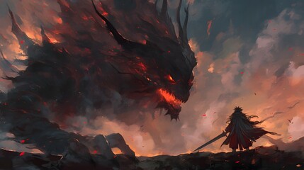 A knight bravely facing a monstrous shadow beast with red, glowing eyes, as a storm rages in the background
