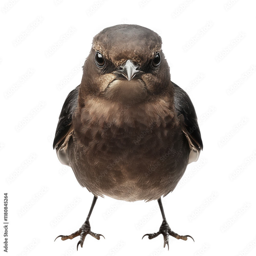 Poster close-up of a bird with a serious expression. showcasing its round body. dark plumage. and sharp fea
