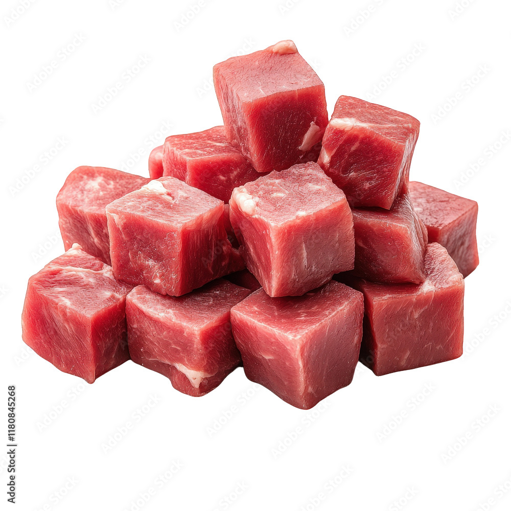 Poster pile of neatly arranged cubes of raw meat. showcasing a rich red color and a marbled texture this pr