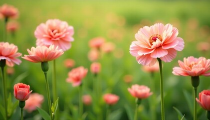 Delicate peach pink carnations in a field of green, peaches, , flowers in bloom