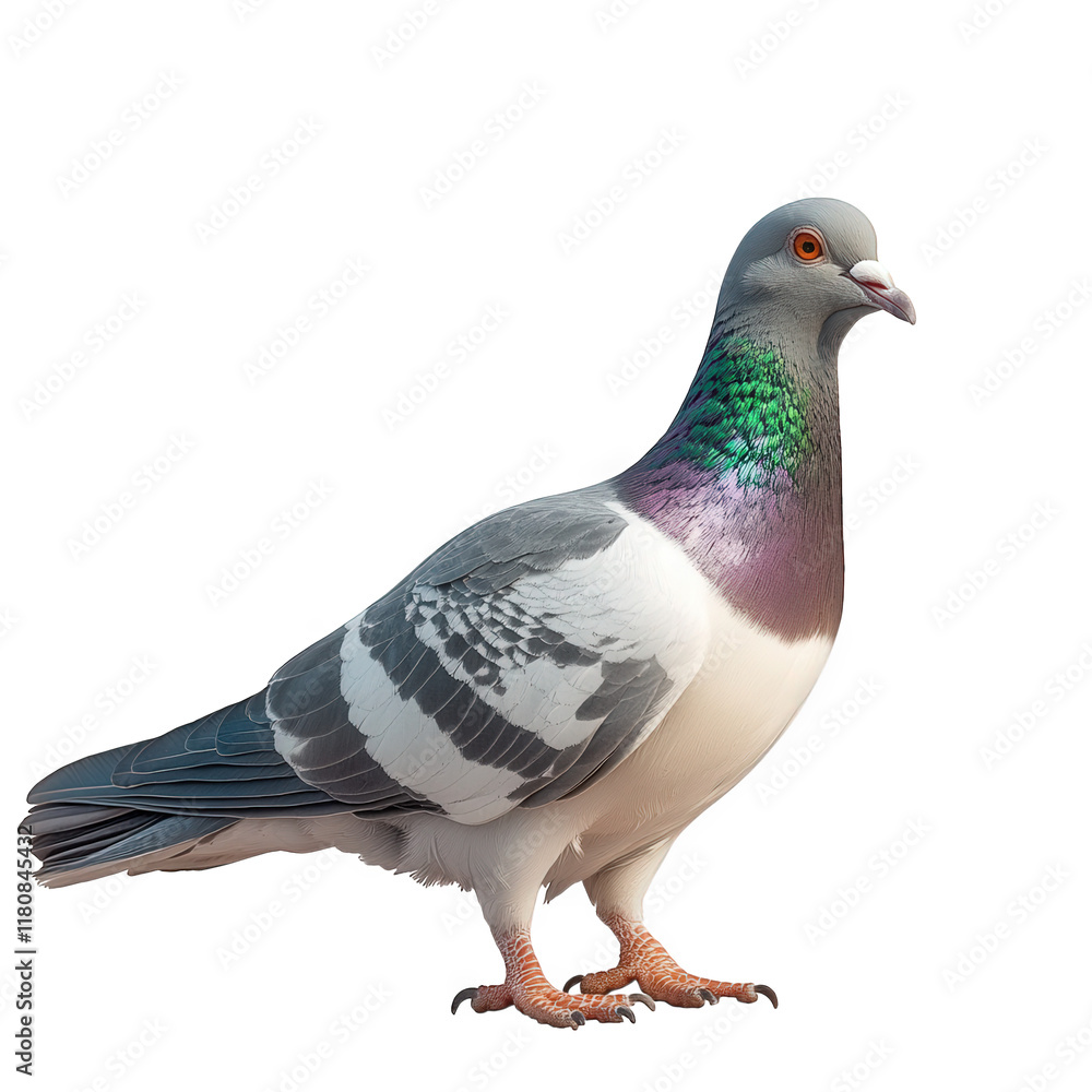 Poster detailed. realistic depiction of a pigeon. showcasing its distinct features such as the iridescent p
