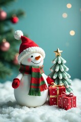 Fototapeta premium Snowman wearing a scarf made of red and green striped fabric next to a small Christmas tree and gift boxes, scarf, gift boxes, holiday cheer