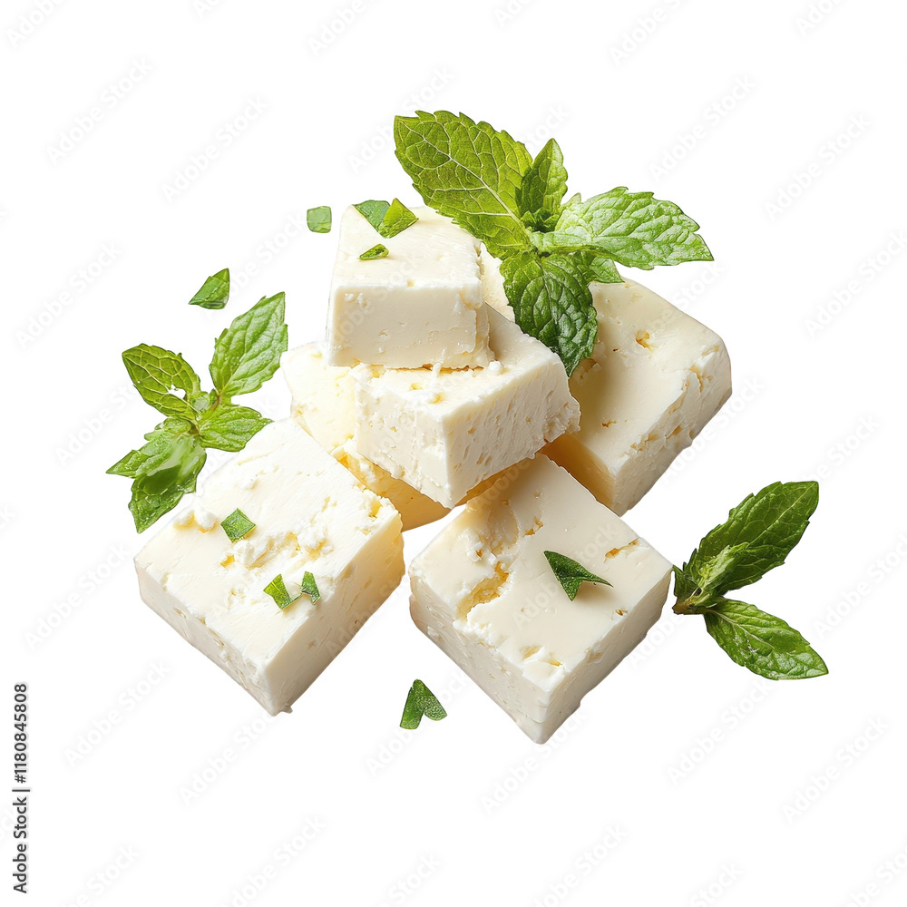 Poster several cubes of soft cheese arranged neatly and garnished with fresh mint leaves. creating an appea