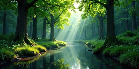 Obraz premium A tranquil forest scene with a winding river and towering trees, calm, nature, serenity