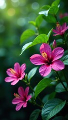 Exotic purple passion flowers in a lush green hibiscus-like environment, flowers, hibiscus, exotic