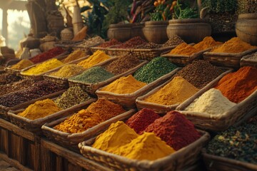 Fototapeta premium Discover the Warmth and Aroma of Cozy Vintage Spices and Herbs in Rustic Market Setting A Collection of Golden Hour Images Showcasing Vibrant Colors, Earthy Tones, and Authentic Textures These
