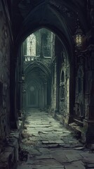 Obraz premium Dark Gothic Corridor Ancient Stone Pathway Ruins