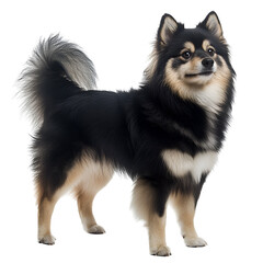 Obraz premium Finnish Lapphund Dog Portrait: This is a Finnish Lapphund standing on white background. He is looking to the right, with a cute, inquisitive expression. The dog is black with tan markings.