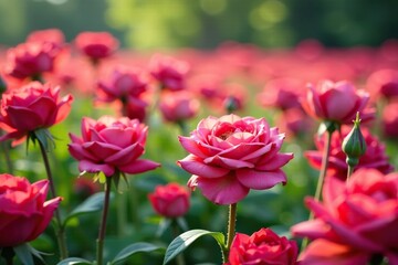 Rose-hued flowers covering the ground in a lush landscape, flower field, petals