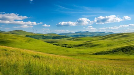 Fototapeta premium A serene landscape featuring rolling green hills under a bright blue sky with clouds.