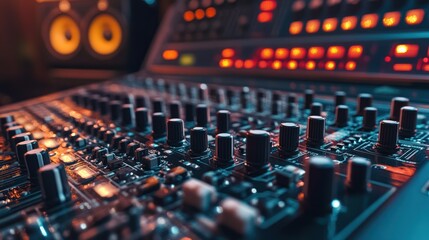 Studio mixing console knobs, audio equipment, red lights, background speakers, music production