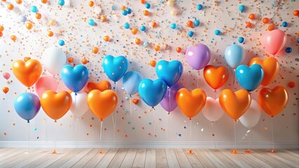 Heart-shaped balloons and confetti celebrate a joyous occasion in a room with hardwood floors