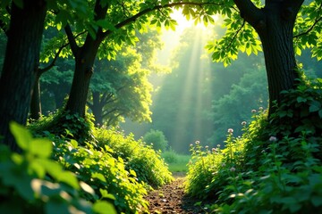 Obraz premium Lush foliage with sunlight filtering through the canopy, evergreen, nature