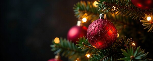 Radiant glowing ornaments on a Christmas tree in black space, christmas, ornament, festive