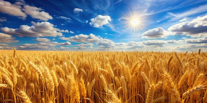 Field of golden wheat on a warm sunny day with a clear blue sky and a few white clouds, sunny weather, landscape