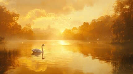 Fototapeta premium Serene swan glides lake sunset, misty trees, city background; idyllic postcard