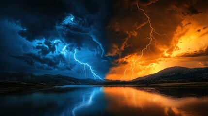 Naklejka premium Lightning bolts over a lake with dark and orange clouds, for media projects