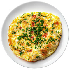 Delicious omelette topped with fresh herbs served on a white plate.
