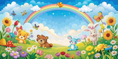 Naklejka premium A colorful illustration of a children's storybook with various elements such as flowers, animals, and clouds forming the background , flowers, illustrations