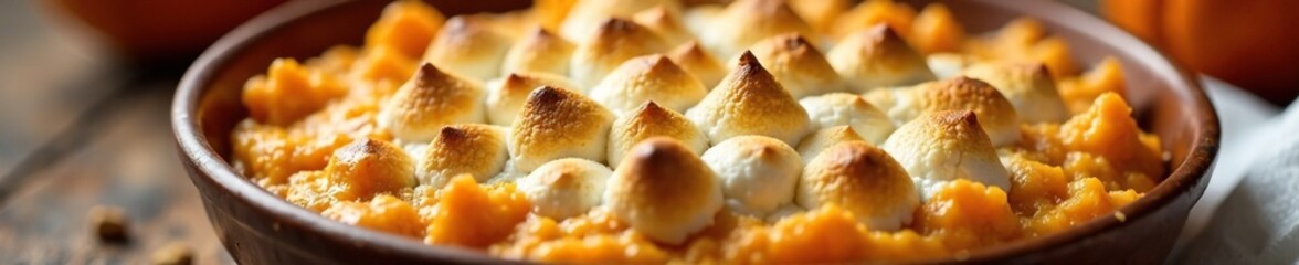 Classic sweet potato casserole with marshmallows and a hint of cinnamon, sweet potatoes, Thanksgiving