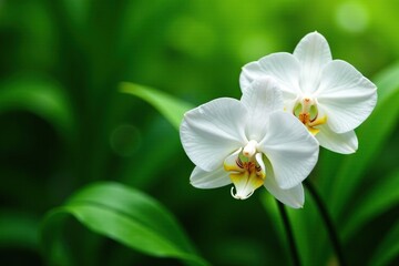 Obraz premium Delicate white orchid blooms against lush green foliage, flowers, flora, nature