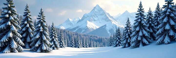 Fototapeta premium Dense snow-covered forest with towering evergreen trees, mountains, evergreens