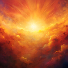 Fototapeta premium Golden Sky with Sun Rays. A Heavenly Landscape Painting