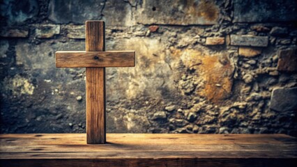 Ancient Wooden Cross on Stone Altar, historic monument, wooden shrine