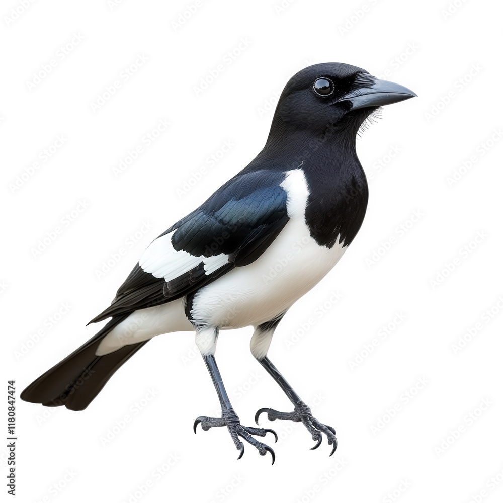 Poster a stylized bird with a black and white plumage. featuring a sleek body and a distinct beak it stands